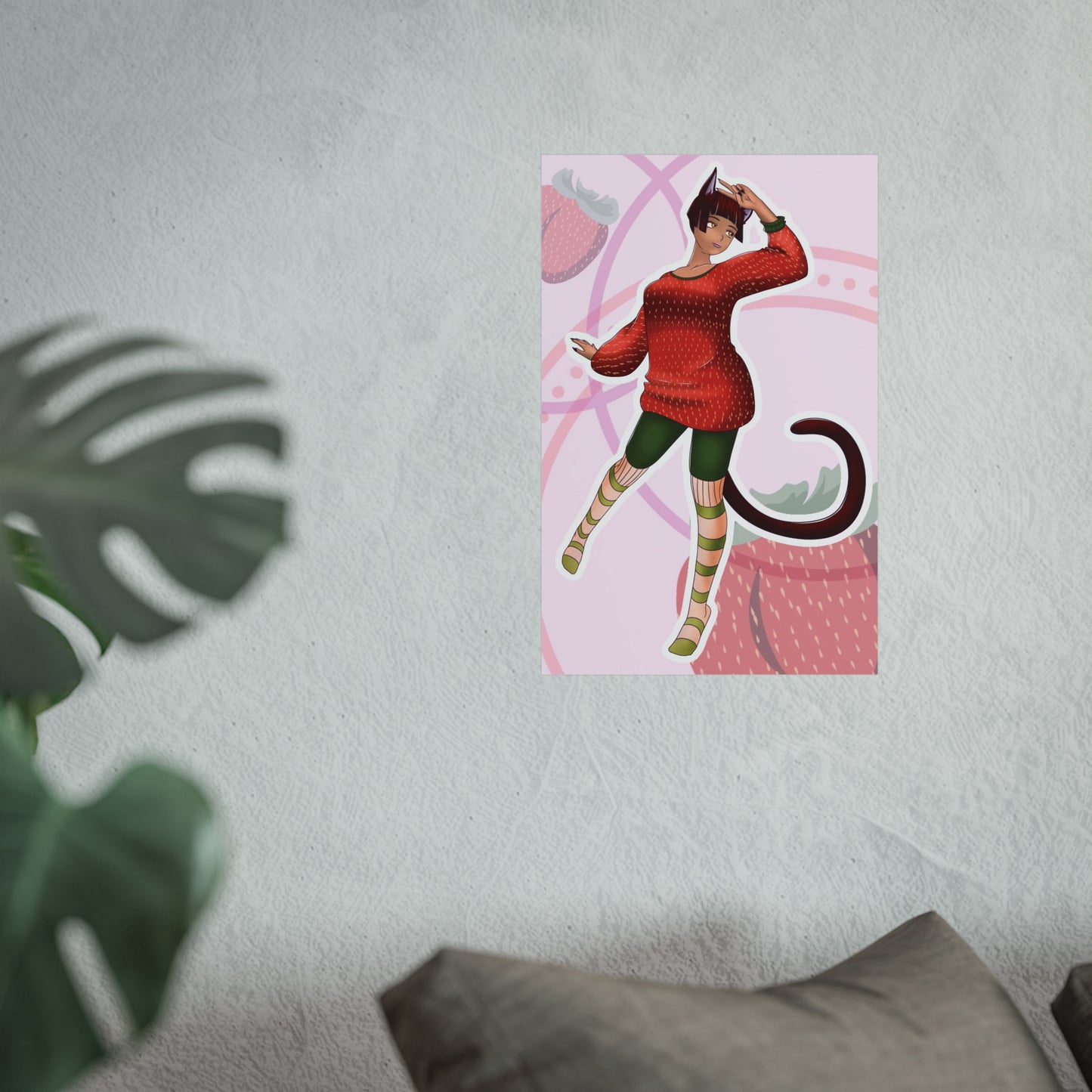 Poster - Strawberry Cat Person, Short Hair, Fruit Sweater, Cute Anime Girl