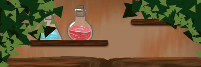 Two potion bottles on a wooden shelf with green foliage around